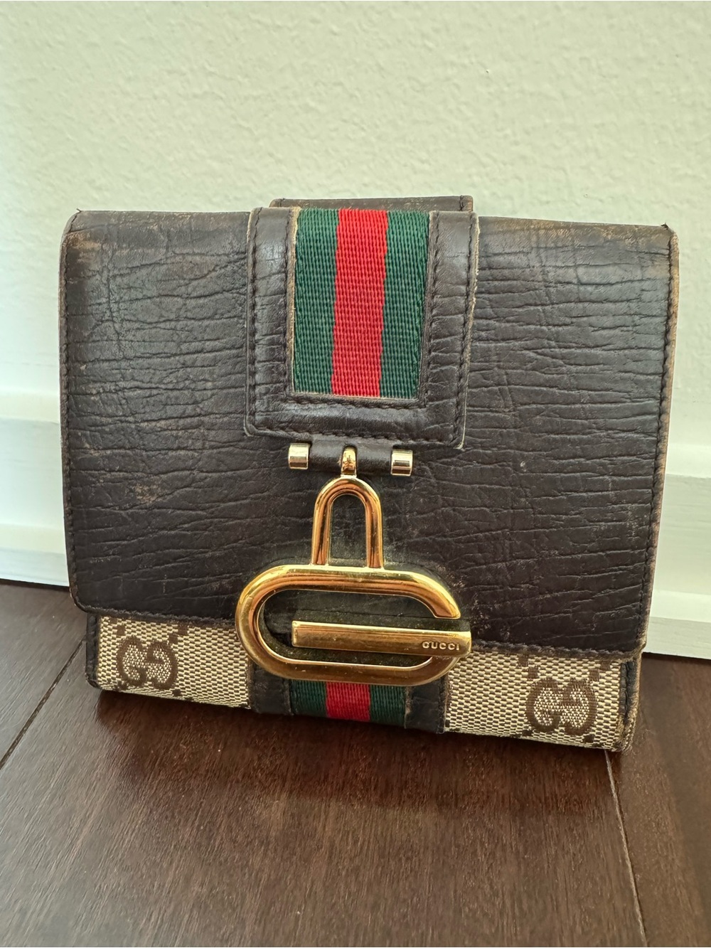 Vintage Gucci Brown Leather & Beige Canvas Wallet with Green and Red Stripe